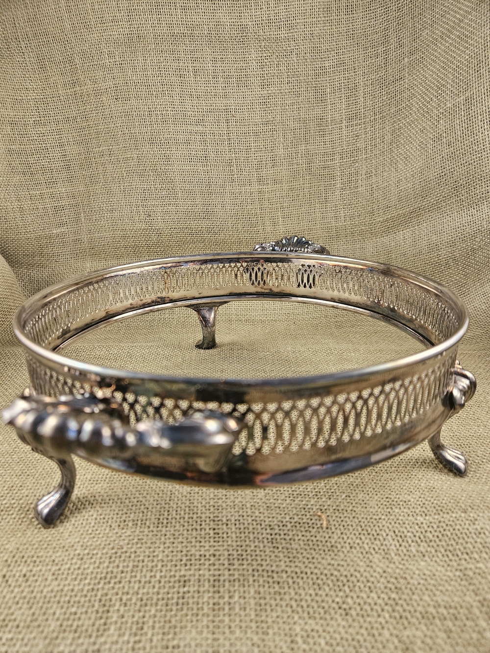 Ornate Silver-Plated Round Casserole Tray with Feet For Staging/Decor